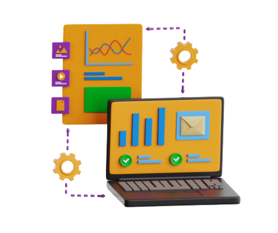 AI ואוטומציה במערכת CRM - מחשב נייד עם תרשימי ניתוח, גרפים, ומידע נוסף כשברקע מאחוריו מערכת חכמה שמחוברת אליו באמצעות גלגלי שיניים המייצגים אוטומציה