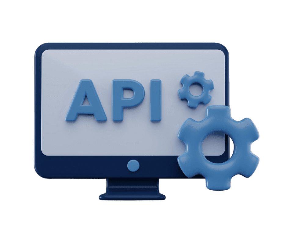 ניהול אינטגרציות API - מסך מחשב עם כיתוב API וגלגל שיניים כחול