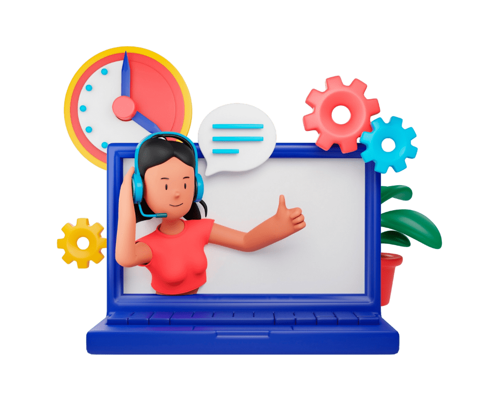 אוטומציות לניהול פניות ותמיכה במערכת CRM - ציור של אשת תמיכה טכני עם אוזניות ודיבורית יוצאת מתוך לפטופ ומסמנת חיובי עם אגודל מעלה