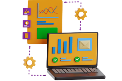 AI ואוטומציה במערכת CRM - מחשב נייד עם תרשימי ניתוח, גרפים, ומידע נוסף כשברקע מאחוריו מערכת חכמה שמחוברת אליו באמצעות גלגלי שיניים המייצגים אוטומציה