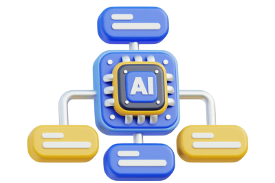 AI ואוטומציה בטפסים הדיגיטליים - מערכת AI מקושרת בקונפיגורציה של 5 מודולים - שבב AI מרכזי כחול עם חיבורים למודולי פונקציות כחולים וצהובים להצגת השדרוג הדיגיטלי של טפסים