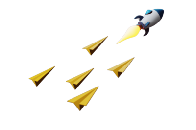 מערכת דיוורים אוטומטים - טיל לבן וכחול עם להבה צהובה, מלווה בחמישה מטוסי נייר זהובים קטנים