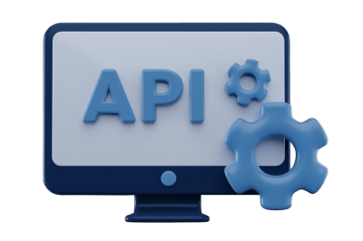 ניהול אינטגרציות API - מסך מחשב עם כיתוב API וגלגל שיניים כחול