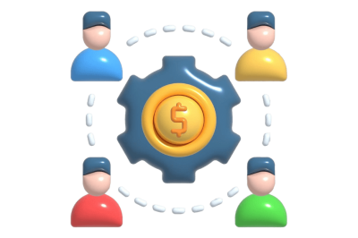 אוטומציות לניהול עמלות ותמלוגים -גלגל שיניים כחול עם מטבע מוזהב במרכז, מוקף בארבע דמויות צבעוניות