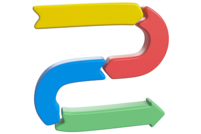 אוטומציות לניהול מסע לקוח - ארבעה חצים צבעוניים (צהוב, כחול, אדום, ירוק) המחוברים ברצף