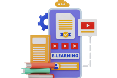 אוטומציות לניהול קורסים דיגיטליים - מסך סמארטפון עם כפתורי וידאו וסמל "E-learning" לצד ספרים וגלגל שיניים