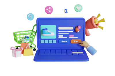 אוטומציות למסחר אלקטרוני - מסך מחשב נייד עם מוצר נעל וכפתור "Buy", לצד עגלת קניות ומגאפון