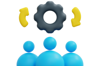 אוטומציות לניהול עובדים - שלוש דמויות כחולות מתחת לגלגל שיניים אפור עם חצים מעוקלים