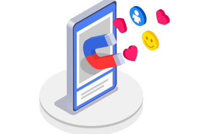 אוטומציות להודעות פייסבוק מסנג'ר - טלפון חכם עם מגנט צבעוני המושך אליו לבבות וסמיילים