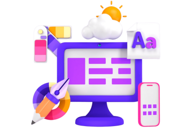 אוטומציות לניהול דפי נחיתה - מסך מחשב סגול עם תצוגת עמוד נחיתה, פלטת צבעים, אייקון טקסט ועט עיצוב