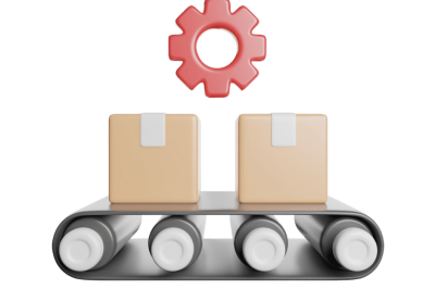 אוטומציה לניהול הזמנות - מסוע ועליו קופסאות אריזה, ומעליהן גלגל שיניים אדום