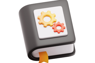 אוטומציות לניהול ידע - ספר אפור סגור עם גלגלי שיניים על הכריכה וסימניית סרט כתומה