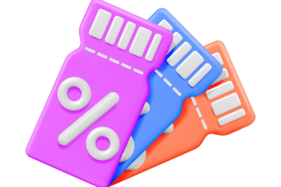 אוטומציות לניהול מבצעים וקופונים - שלושה שוברי קופון בצבעים סגול, כחול וכתום עם סימן אחוז לבן