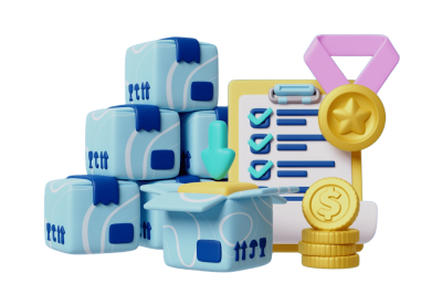 אוטומציות לניהול איכות - ערימת ארגזים לצד רשימת בדיקה עם סימני וי ומדליית זהב