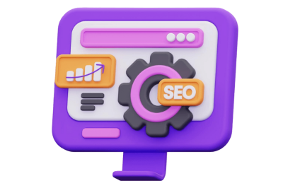 אוטומציות לקידום אתרים (SEO) - מסך מחשב סגול עם סמל SEO על גלגל שיניים וגרף עולה בכתום