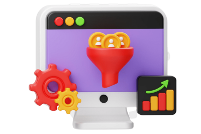 אוטומציות לניהול הזדמנויות מכירה - מחשב לבן עם מסך סגול המציג משפך אדום עם אייקוני משתמשים, גלגלי שיניים וגרף צמיחה