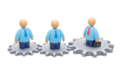 אוטומציות להכשרת צוות מכירות - ציור של 3 אנשי מכירות עומדים בתוך 3 גלגלי שיניים