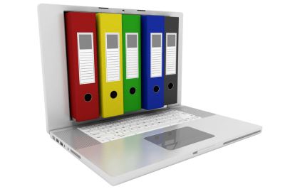 אוטומציות לניהול קטלוג מוצרים ושירותים - מסך לפטופ שיוצאים ממנו 5 קלסרים בצבעים שונים