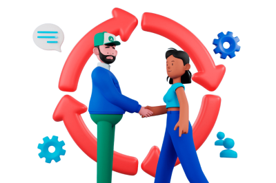 אוטומציות לניהול ספקים - לקוחה וספק לוחצים ידיים מעל ארגז משאבים וגלגל שיניים