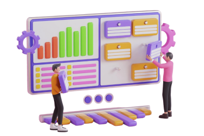 אוטומציות לניהול משימות - לוח ויזואלי סגול עם גרפים ונתונים, ושתי דמויות מאוירות מסדרות אלמנטים על הלוח