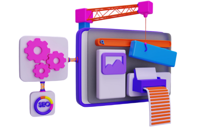 אוטומציות לניהול חוויית משתמש - איור תלת-ממדי של ממשק לבניית אתרים המציג מספר אלמנטים של פיתוח ועיצוב אתרי