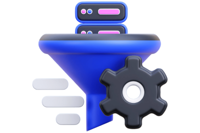 אוטומציות לניהול לידים - אייקון של משפך לידים בצבע כחול שלידו גלגל אוטומציה שחור