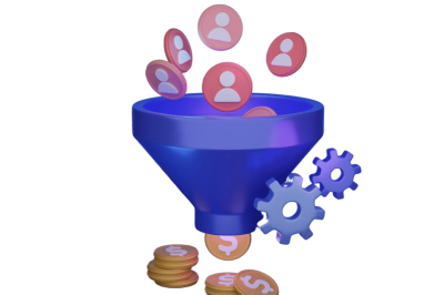 אוטומציה במשפך המכירה - משפך מכירות שלתוכו נכנסים אייקוני לקוחות ומטבעות יוצאים בתחתית