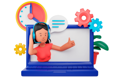 אוטומציות לניהול פניות ותמיכה במערכת CRM - ציור של אשת תמיכה טכני עם אוזניות ודיבורית יוצאת מתוך לפטופ ומסמנת חיובי עם אגודל מעלה