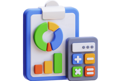 חישוב ROI - לוח דוח עם תרשים עוגה צבעוני, תרשים עמודות ולידו מחשבון להערכה פיננסית