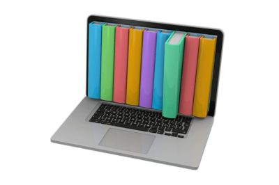 מערכת לניהול קטלוג שירותים ומוצרים - מחשב נייד עם ספרים צבעוניים על המסך מדמה קטלוג דיגיטלי מאורגן.