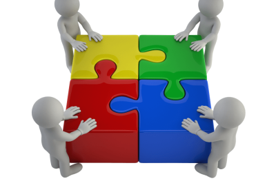 אודותנו- ארבע דמויות לבנות מרכיבות יחד פאזל צבעוני גדול של אדום, ירוק, צהוב וכחול, מסמלות עבודת צוות ושיתוף פעולה.