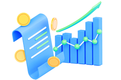 אוטומציות לניהול חוזים והסכמים במערכת CRM -אייקון של מסמך כחול דמוי הסכם, מסביבו מטבעות זהב ומאחריו גרף המראה עלייה