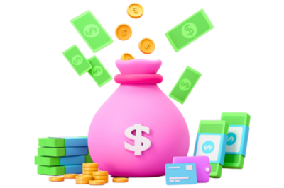 אוטומציות לניהול תקציב והוצאות - אייקון של שק ורוד עליו סימן של דולר ומסביבו שטרות ומטבעות