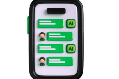 אוטומציות לניהול וואטסאפ עסקי - מכשיר טלפון נייד שחור המציג ממשק צ'אט עם בועות שיחה ירוקות, אייקוני משתמשים וסמלי AI