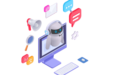 אוטומציות לניהול צ'אטבוט - רובוט אפור עם אוזניות מופיע במסך מחשב סגול, מוקף באלמנטים של תקשורת כמו מגאפון, מעטפה ובועות שיחה
