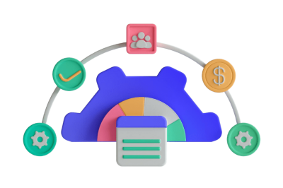 אוטומציות לניהול מועדון לקוחות - תרשים עיגולי עם גלגל שיניים כחול במרכז, מוקף באייקונים של אנשים, סימן אישור ודולר, המחובר בקו מעגלי