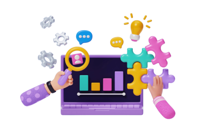 אוטומציות לניהול לקוחות - מחשב נייד סגול עם תרשים עמודות, כאשר יד אחת מחזיקה זכוכית מגדלת והיד השנייה מחזיקה חלקי פאזל צבעוניים