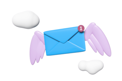 אוטומציות לניהול מיילים - מעטפה כחולה תלת-ממדית עם כנפיים סגולות מרחפת באוויר עם סימן התראה אדום המציג את הספרה 1.