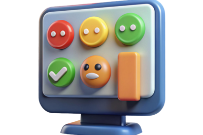 אוטומציות לאיסוף ומסירת משוב - מסך תצוגה כחול עם כפתורים צבעוניים בצורת עיגולים אדום, צהוב וירוק, סימן אישור ופרצוף חייכן כתום