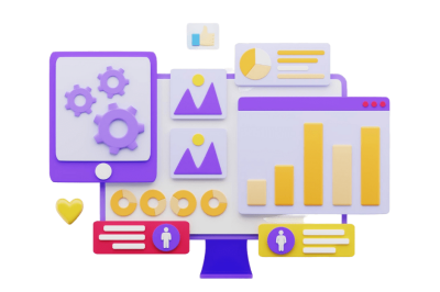 אוטומציות לניהול חברויות - מסך מחשב סגול עם רכיבי ממשק ויזואליזציה של נתונים הכוללים גרפים, תרשימים, אוטומציות ואייקוני משתמשים