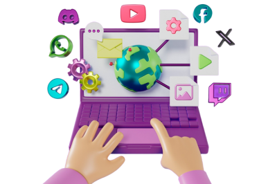 אוטומציות לניהול קמפיינים רב-ערוציים - ידיים מקלידות על מחשב שסביבו סמלים גרפיים של מספר ערוצי תקשורת שונים (פייסבוק, יוטיוב, סמס, X, ווטצאפ, טלגרם ועוד)