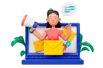 אוטומציות לשליחת ניוזלטר - דמות נשית תלת-ממדית מופיעה במסך מחשב כחול, מחזיקה מגאפון ביד אחת ועושה סימן אישור ביד השנייה, עם מעטפות צהובות ובועות שיחה