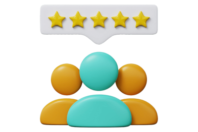 אוטומציות לניהול מוניטין מקוון - גרפיקה של 3 דמויות בתלת מימד ומעליהם 5 כוכבים (מדד מוניטין)