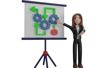 אוטומציות לניהול פרויקטים - מנהלת משרד מצביעה על רולאפ גרפי של לוח ניהול פרויקט או תכנון (לוח זמנים) עם אלמנטים של אוטומציות