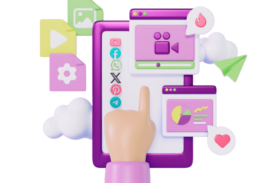 אוטומציות לניהול רשתות חברתיות - טאבלט סגול עם אייקוני רשתות חברתיות (YouTube, WhatsApp, X ועוד) ואצבע לוחצת