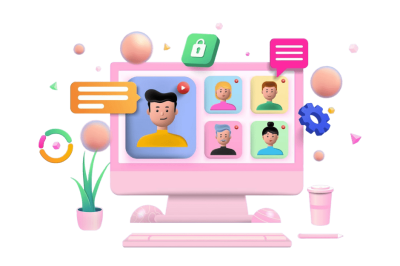 אוטומציות לתיאום שיחות וידאו - צג מחשב ורוד עם חלונות וידאו של משתתפים ובועות צ'אט סביב