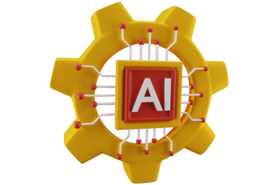 ביסוס AI בהתאמה אישית - גלגל שיניים צהוב עם לוגו "AI" במרכזו, מסמל אינטגרציה מותאמת לבינה מלאכותית.