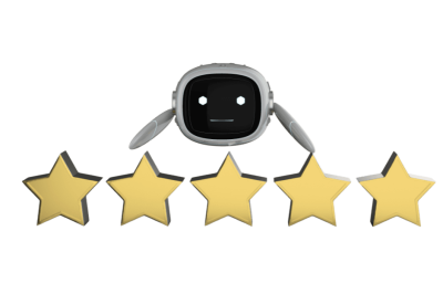 ביקורות חיוביות בגוגל -  רובוט עם חמישה כוכבים זהובים, מייצג אוטומציה ודירוגים על ידי מערכות מבוססות בינה מלאכותית.