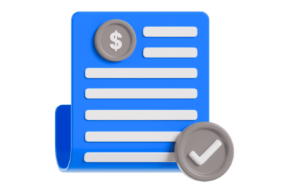 מערכת להצעות מחיר - ציור של דף כחול עם שורות ותוויות כספיות, עם אייקון של מטבע ותווית אישור, המסמלת הצעות מחיר