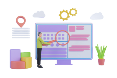 אוטומציה או האצלת סמכויות - איש עסקים עם זכוכית מגדלת עומד מול מחשב מתקדם עם ממשק דיגיטלי מקיף הכולל גרפים, מיקום, וגלגלי שיניים - ייצוג של תהליכי אוטומציה מכוללים